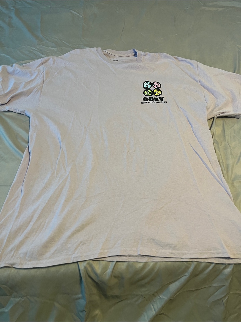 Obey Lavender Short Sleeve Tee with Multicolor Chest Graphic